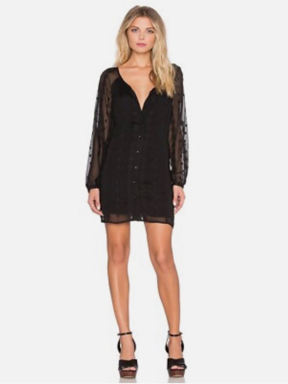 Obey Black Sheer-Sleeve Button-Front Mini Dress